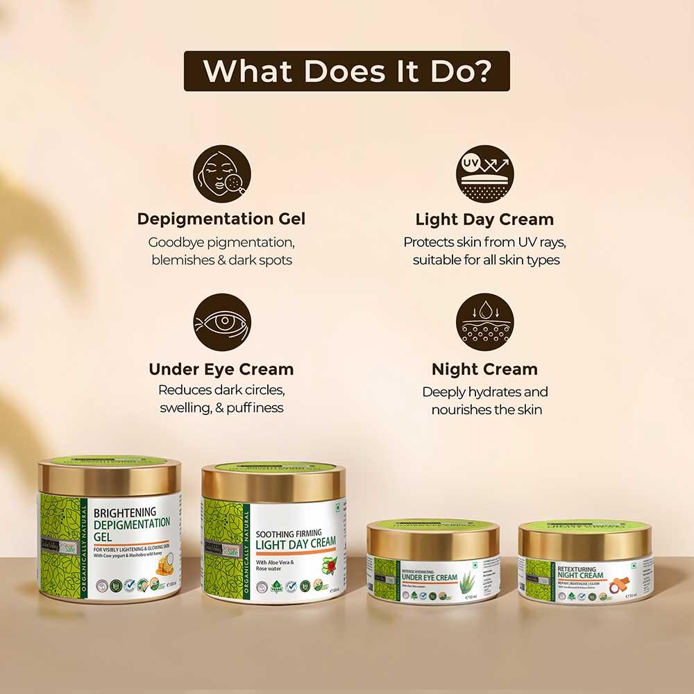 Complete Face Care Kit - Light Day Cream (100ml), Retexturing Night Cream (50ml), Under Eye Cream (50ml), With Brightening Depigmentation Gel (100ml) Combo For Nourished & Radiant Skin - Image 2